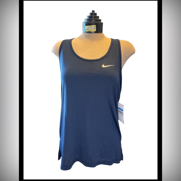 NIKE DRI-FIT Women’s Yoga Tank Navy Medium Swoosh Logo Racerback NWT - Picture 1 of 6